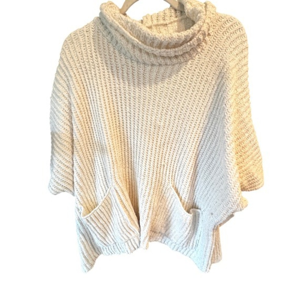 Womens Cream Cowl Neck Pocket Poncho Sweater S/M Pullover Knit Top Fall Layering